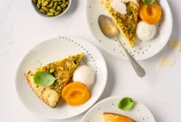 Parmesan Pistachio Cake with Basil-Stewed Apricots