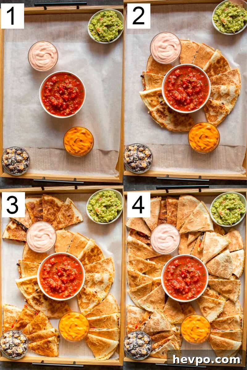 How to Style a Show-Stopping Quesadilla Platter for Entertaining 4 A grid of four images showing a board with five sauces, then how to arrange quesadillas around them gradually.