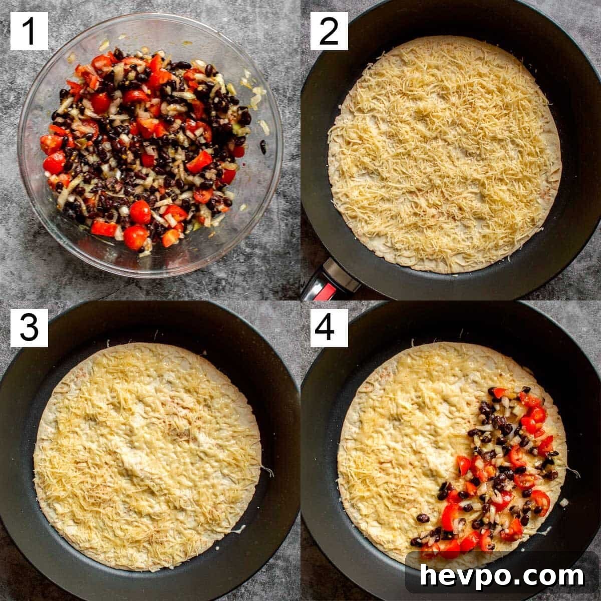 How to Style a Show-Stopping Quesadilla Platter for Entertaining 7 A grid of four images showing making quesadilla stuffing, then melting cheese on a tortilla and adding the stuffing.