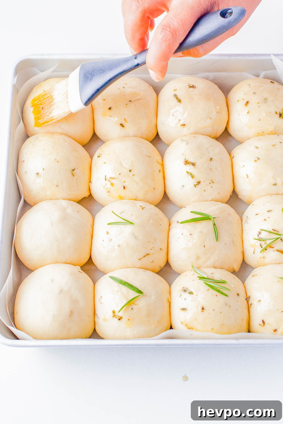 Butter being brushed over raw bread roll dough in a baking sheet. 