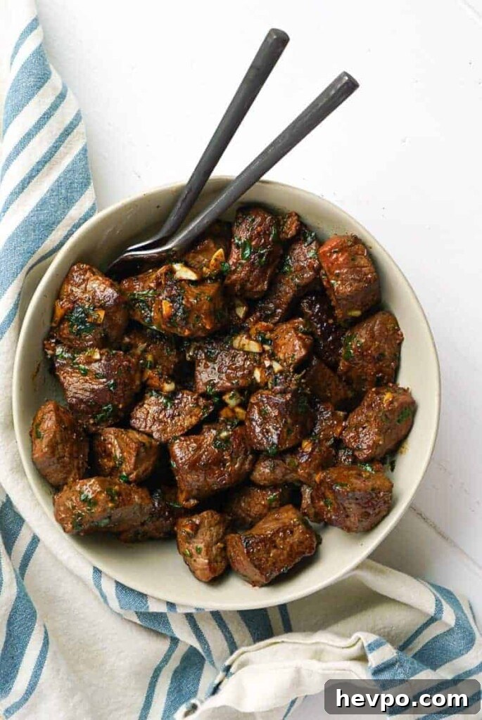 Garlic and Herb Steak Bites: Quick Savory Skillet Recipe 2 A bowl of Garlic Herb Steak Bites.