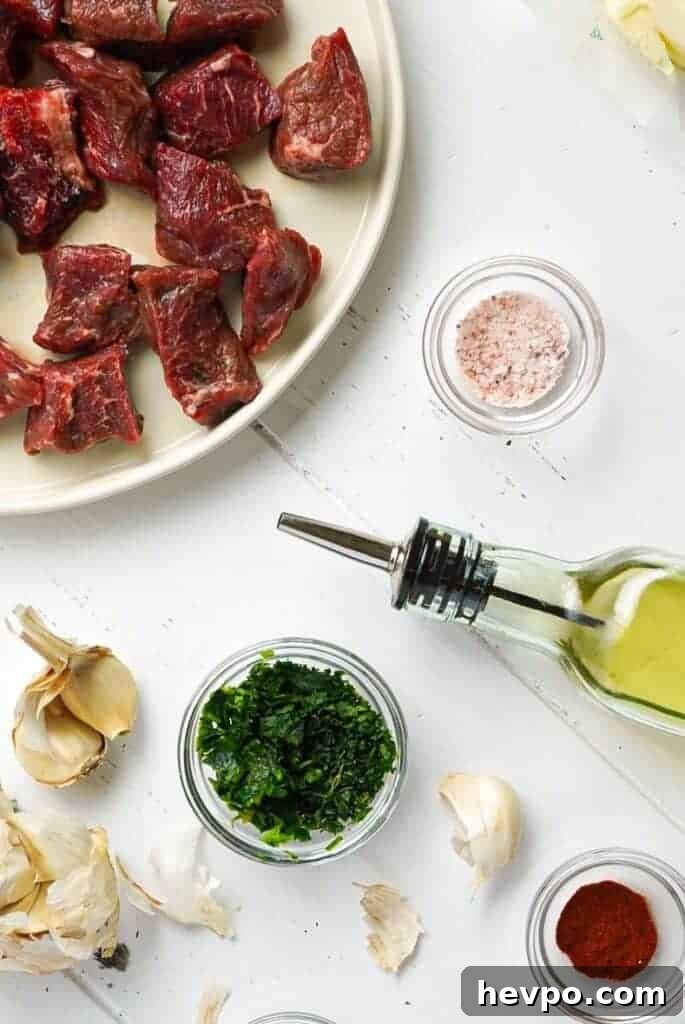 Garlic and Herb Steak Bites: Quick Savory Skillet Recipe 3 All the ingredients for Garlic Herb Steak Bites.