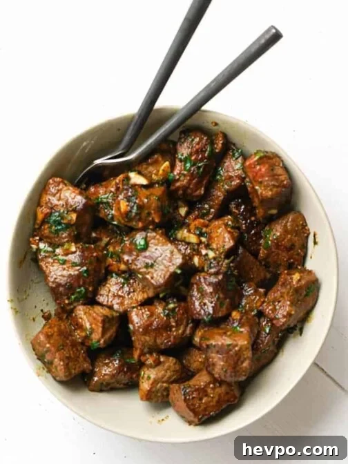 A bowl of Garlic Herb Steak Bites.