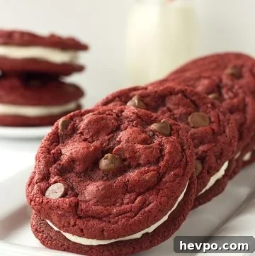 Red Velvet Sandwich Cookies Recipe: Cream Cheese Filling Guide 5 Red velvet sandwich cookies on a white plate.