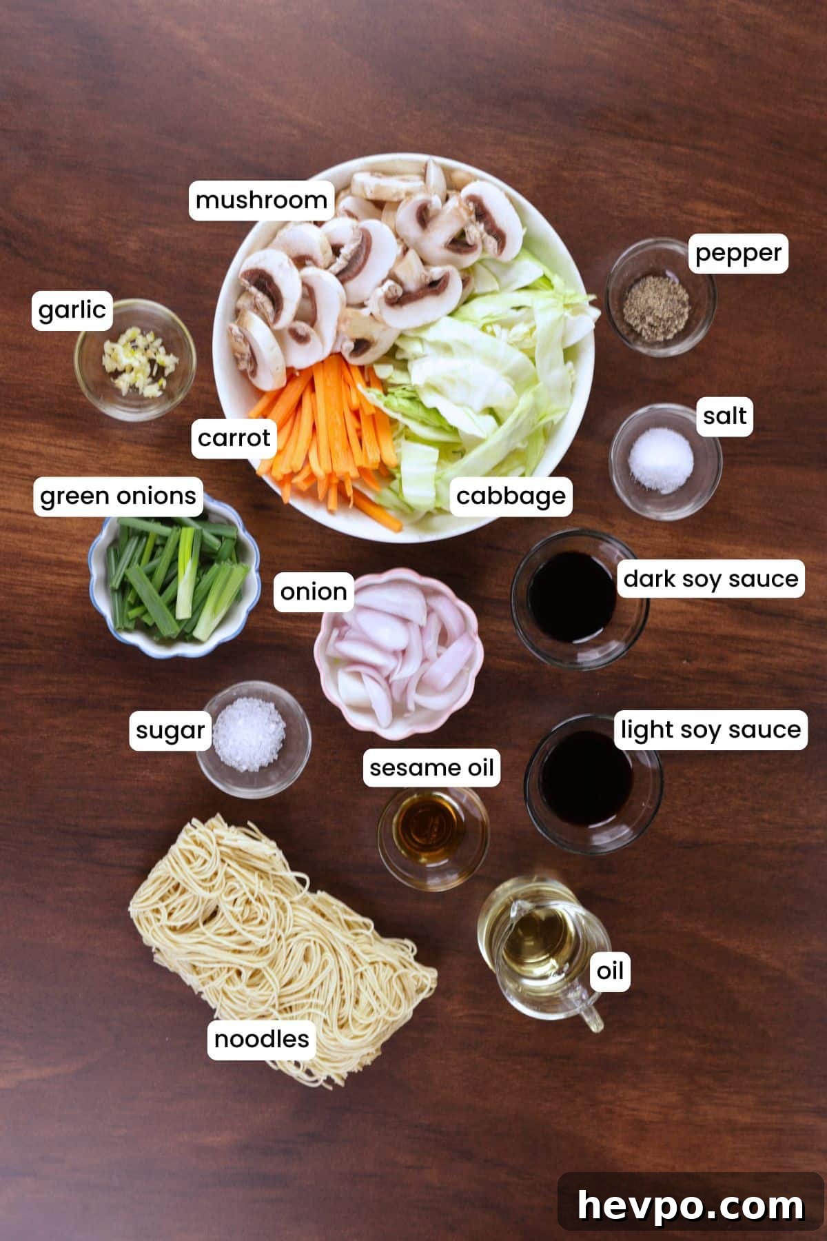 Vegetable Chow Mein: Simple Stir-Fry Noodles with Veggies 3 Fresh vegetables, noodles, and seasonings for chow mein on a wooden background.