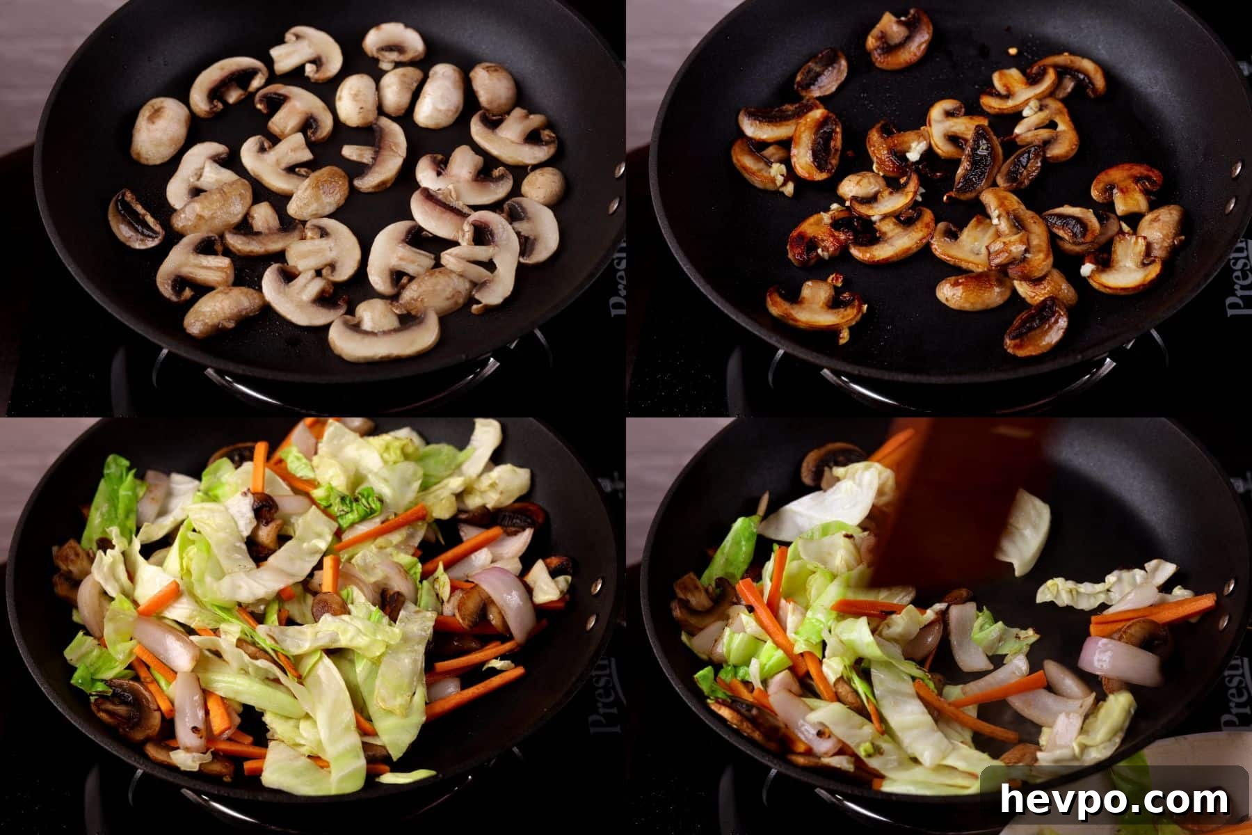 Vegetable Chow Mein: Simple Stir-Fry Noodles with Veggies 5 Vegetable chow mein steps showing mushrooms being cooked and veggies seared.