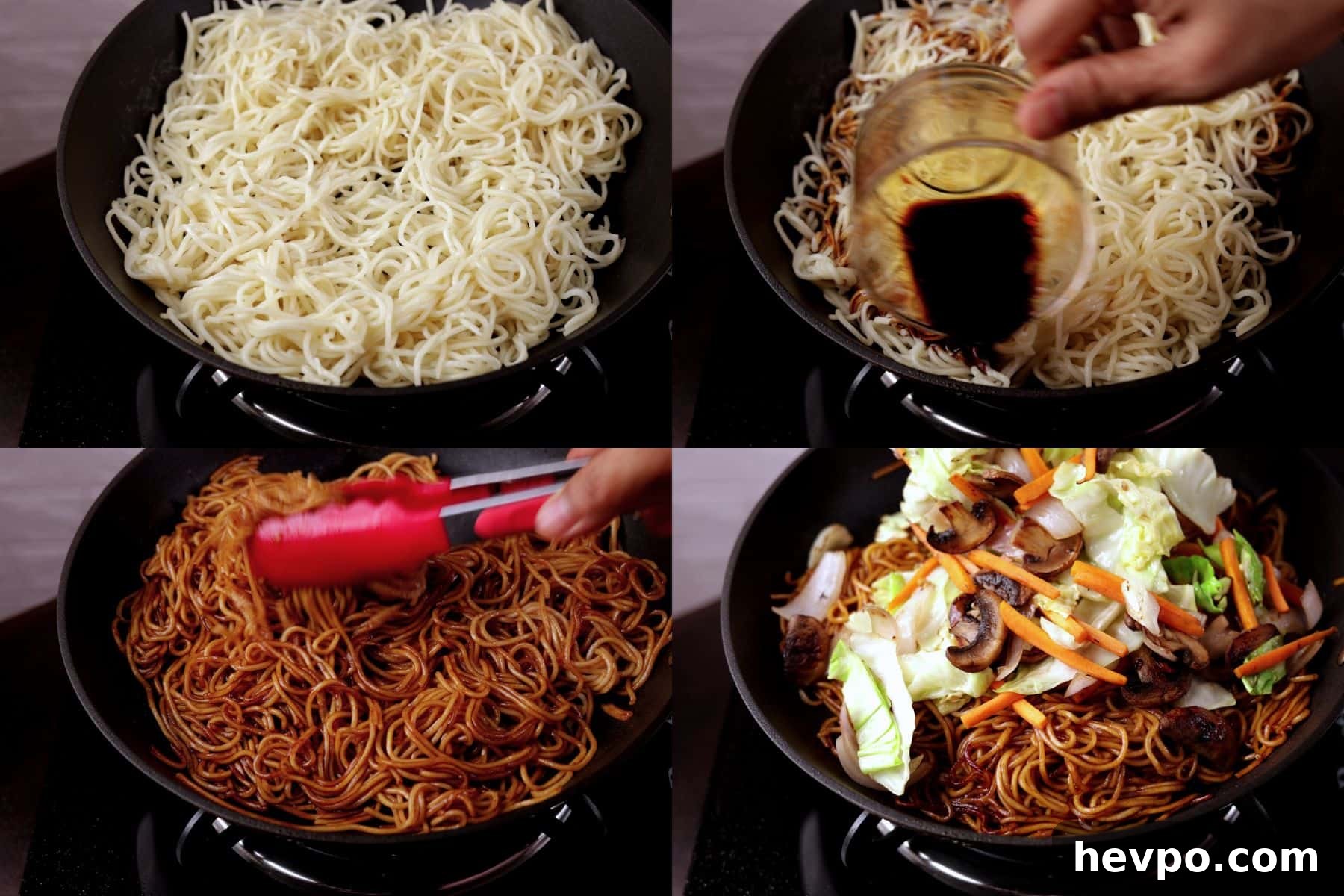Vegetable Chow Mein: Simple Stir-Fry Noodles with Veggies 6 Vegetable chow mein steps showing pan-fried noodles, sauce added, and vegetables mixed in.