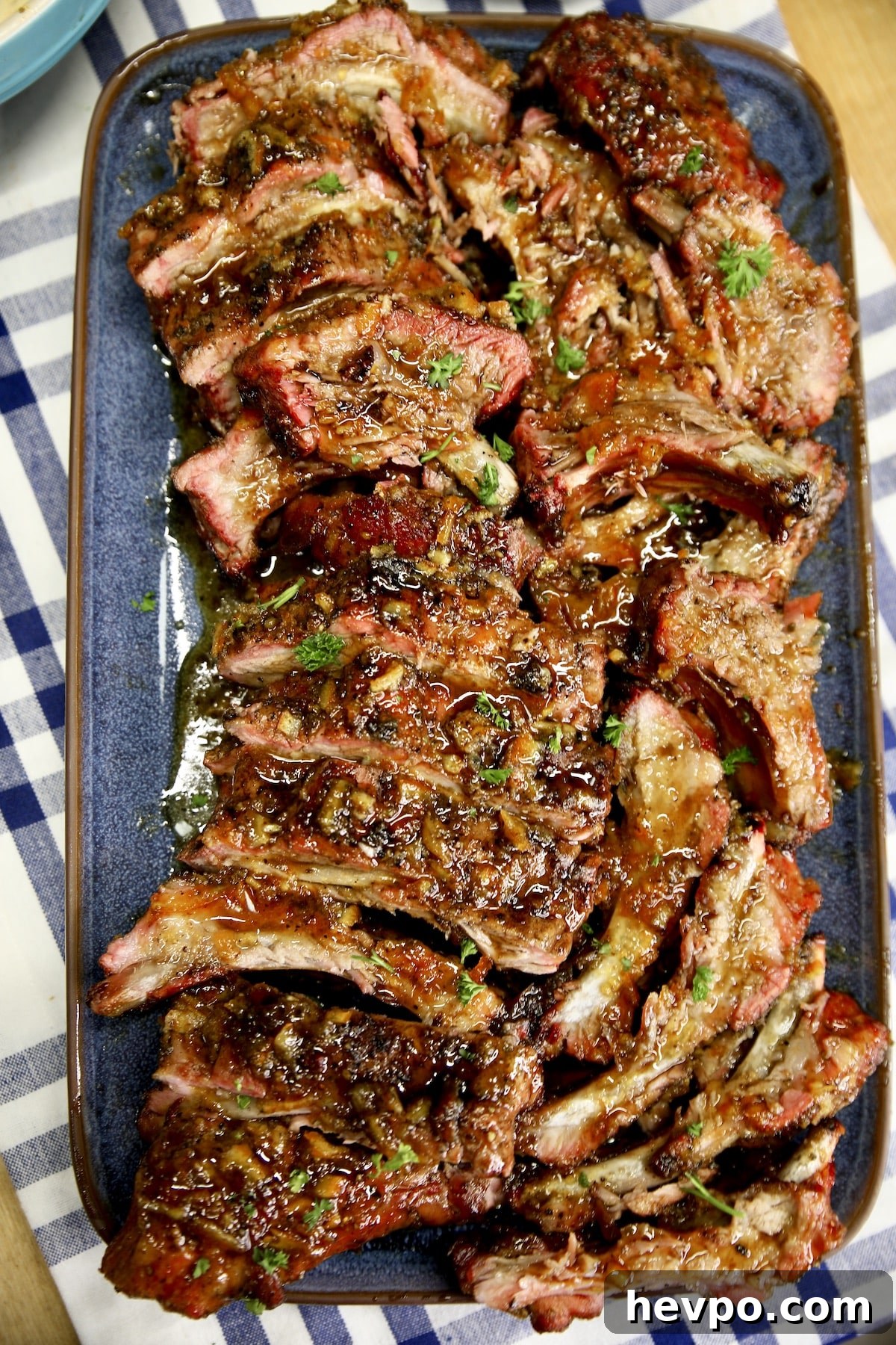 Platter of sliced baby back ribs.