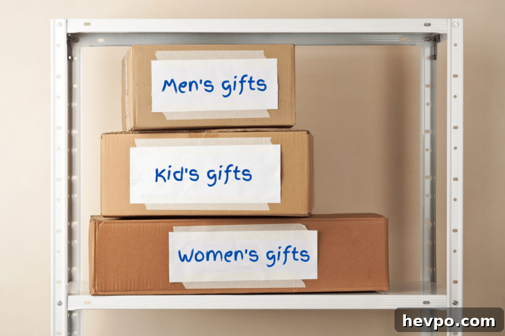 pile of boxes on a shelf with labels men's gifts etc representing a gift stash
