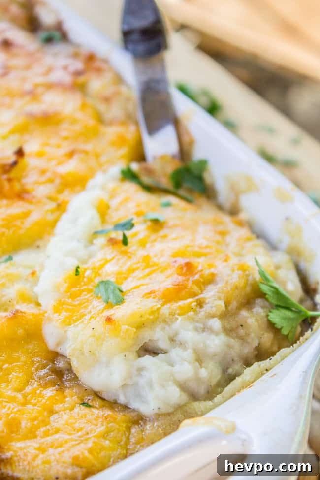 Classic Shepherd's Pie with Crispy Cheddar Topping a large metal spoon in a pan of cheese-topped shepherd's pie.
