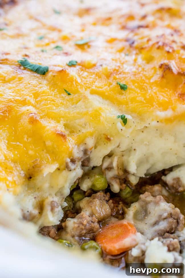 Cheesy Shepherd's Pie Recipe with Golden Crust 3 shepherd's pie in a baking dish, showing layers of beef and vegetable filling and cheese-topped mashed potatoes.