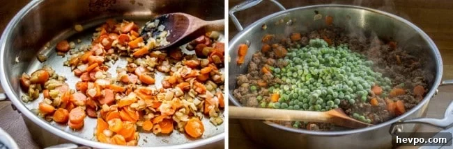 Cheesy Shepherd's Pie Recipe with Golden Crust 4 cooking carrots and onions, adding peas to cooked carrots and onions.