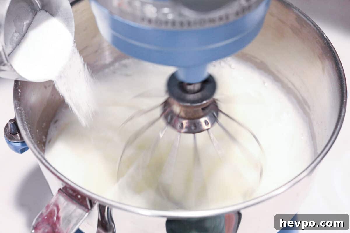 Slowly add the sugar to the egg whites and then add the vanilla. Overhead shot of sifted sugar being poured into a stand mixer whisking egg whites.
