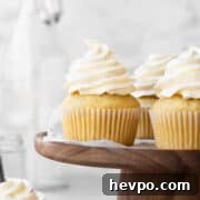Square hero image of vegan vanilla cupcakes topped with a swirl of dairy-free vanilla buttercream.