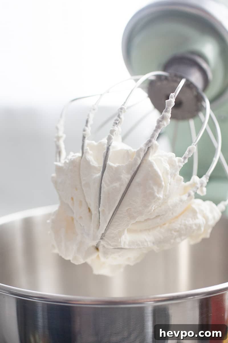 Mint stand mixer with beater and homemade whipped cream.