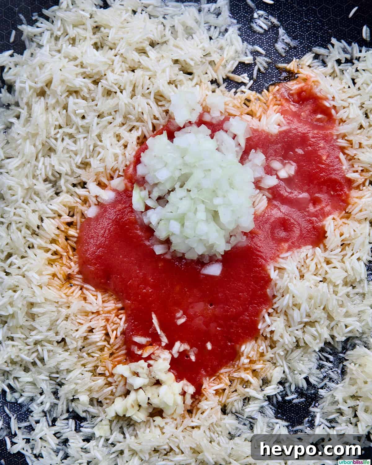 Authentic Vegetarian Mexican Rice Recipe — Flavorful & Simple 7 onions, garlic, tomato sauce and rice in a skillet.