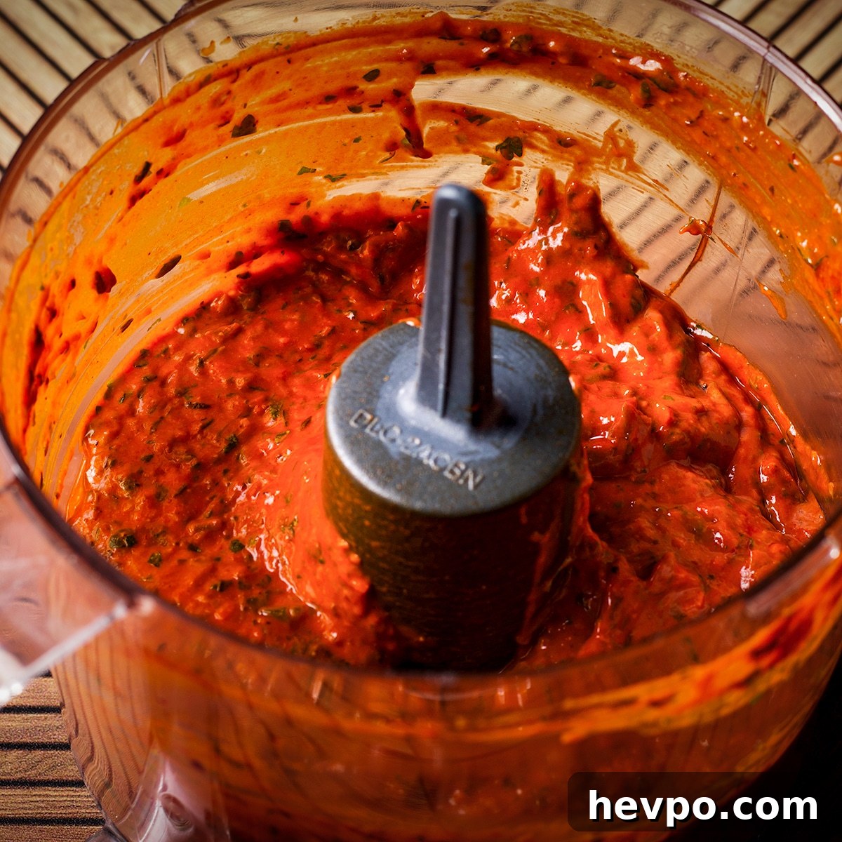 Looking down into the bowl of a food processor that contains Mexican Adobo.