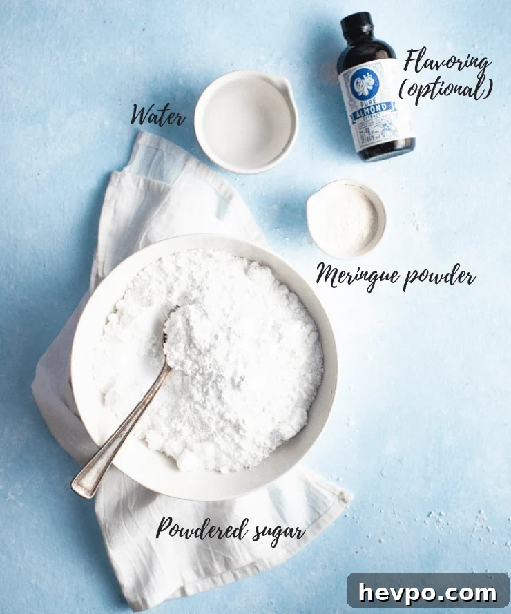 layout of ingredients: powdered sugar, water, meringue powder, flavoring