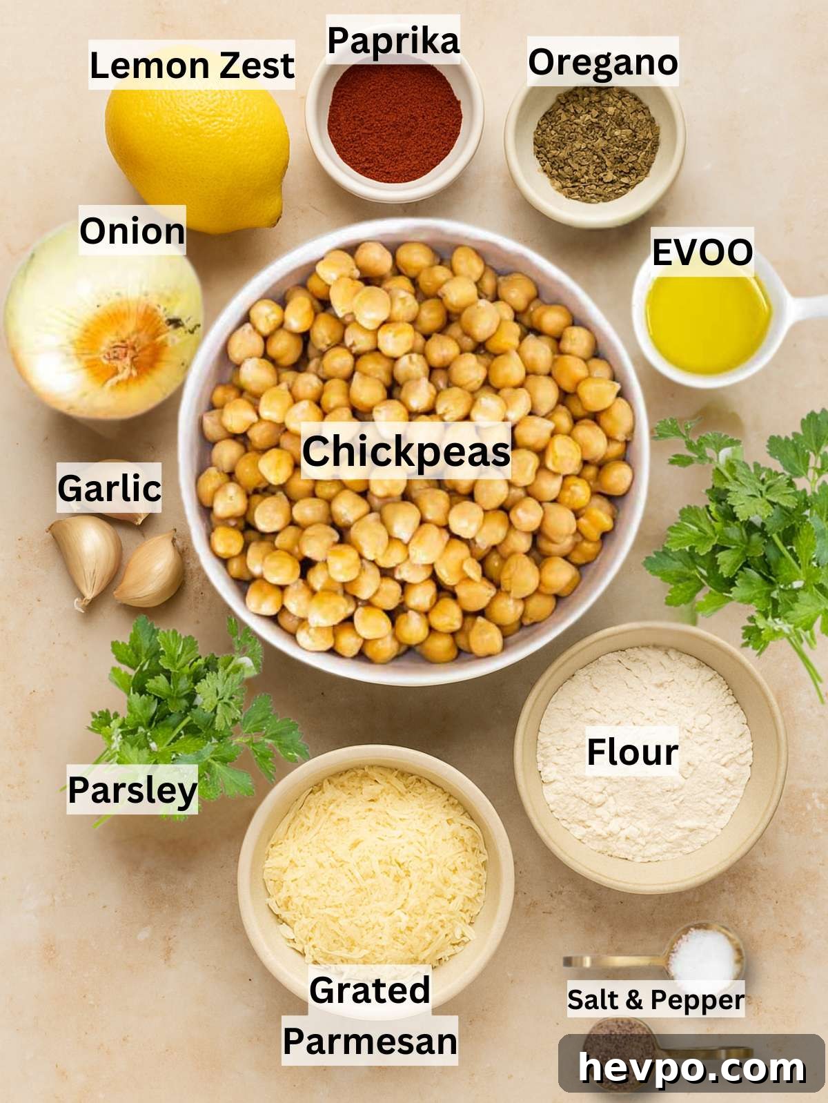 Overhead shot of ingredients for Greek chickpea patties including chickpeas onion herbs and cheese.