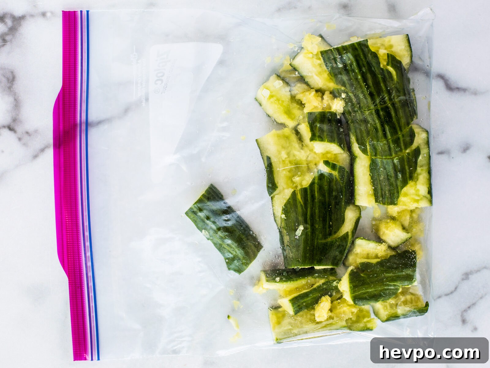 Cucumbers smashed in a ziplock bag.