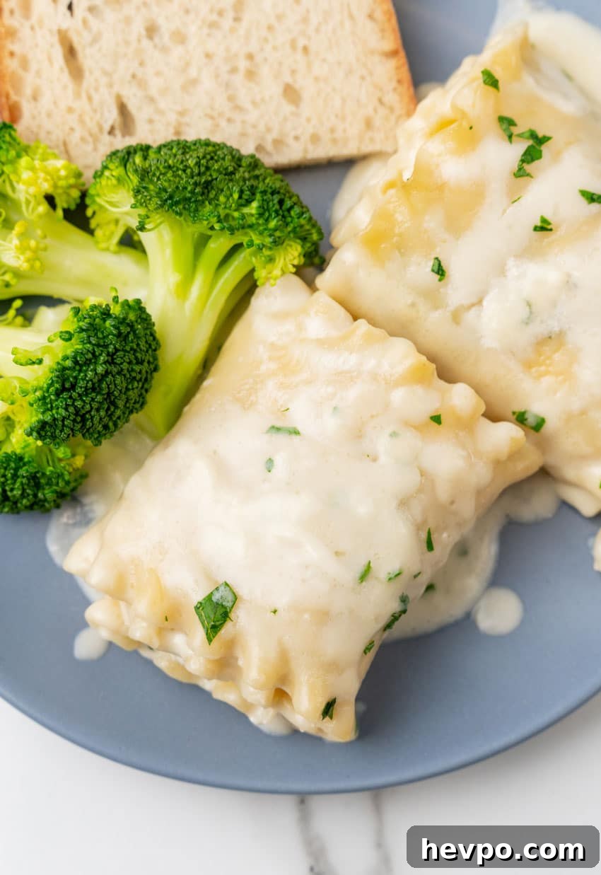 Creamy White Chicken Lasagna Roll-Ups Recipe 3 white chicken lasagna roll ups and steamed broccoli on a small blue plate