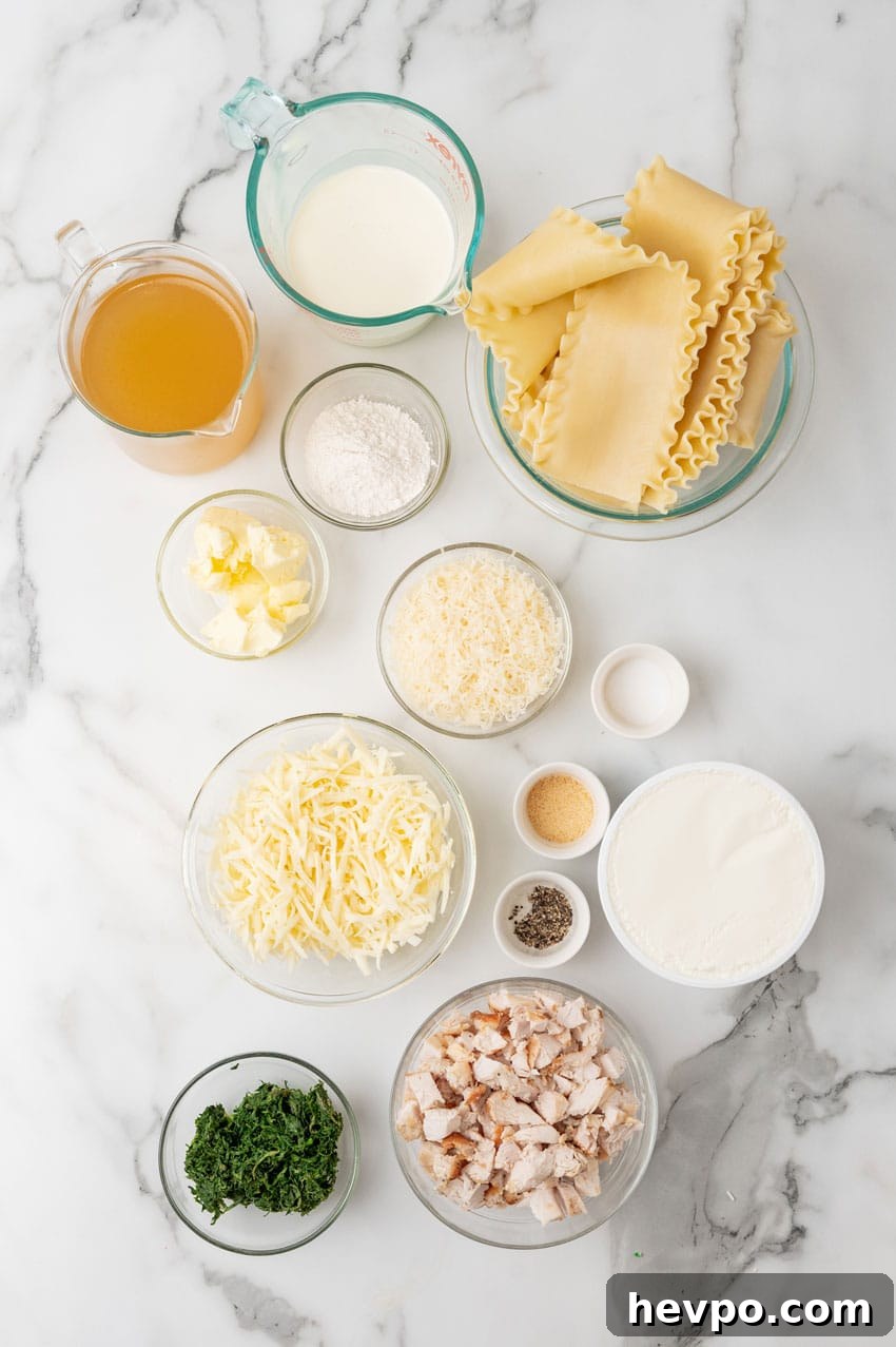 Creamy White Chicken Lasagna Roll-Ups Recipe 4 an overhead image showing the measured ingredients needed to make a batch of white chicken lasagna roll ups