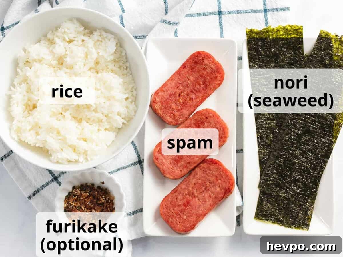 How to Make Spam Musubi: Simple Hawaiian Rice and Nori Snack 4 Ingredients for spam musubi with text.