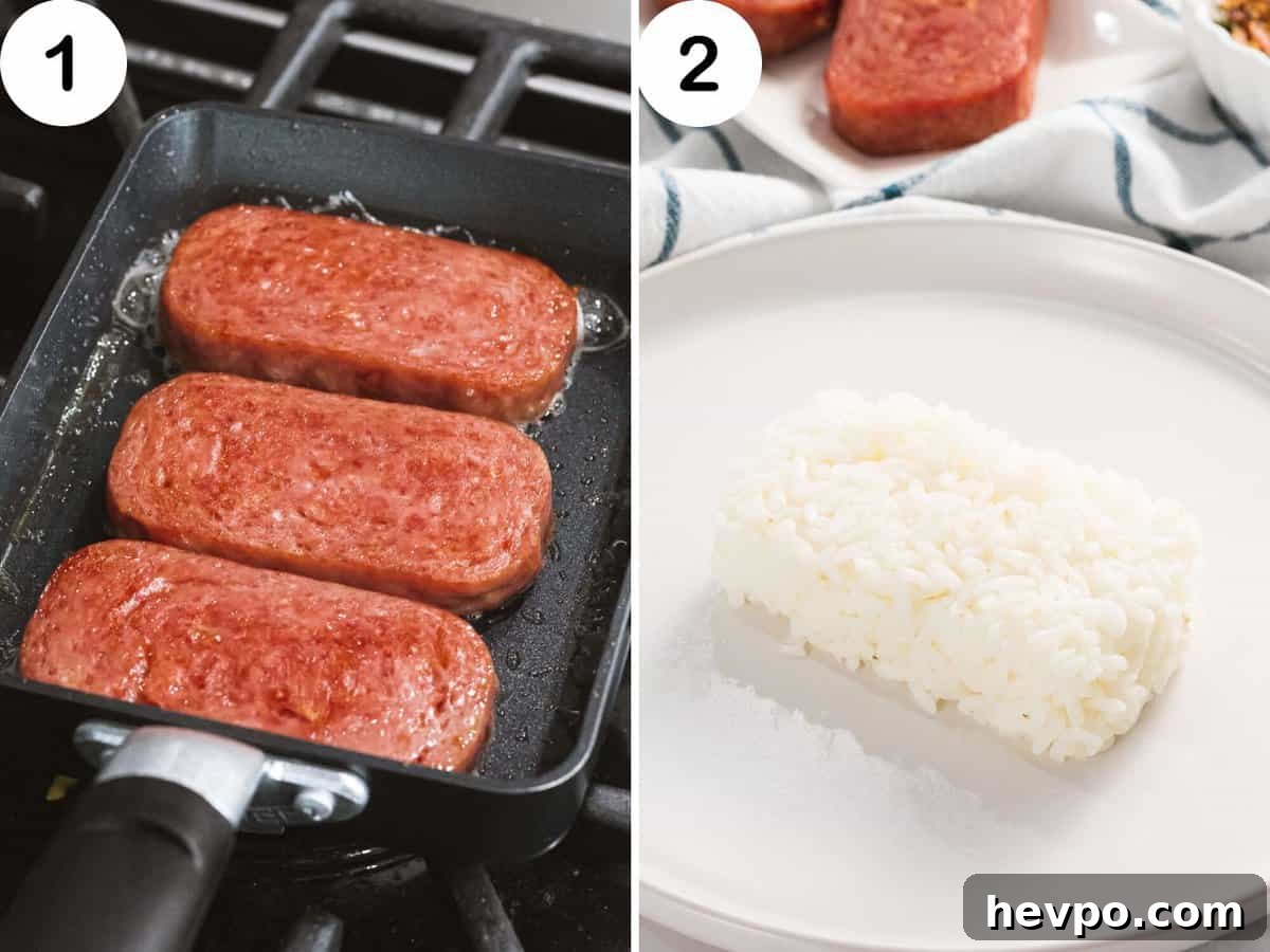 How to Make Spam Musubi: Simple Hawaiian Rice and Nori Snack 5 Spam fried in a pan next to molded rice.