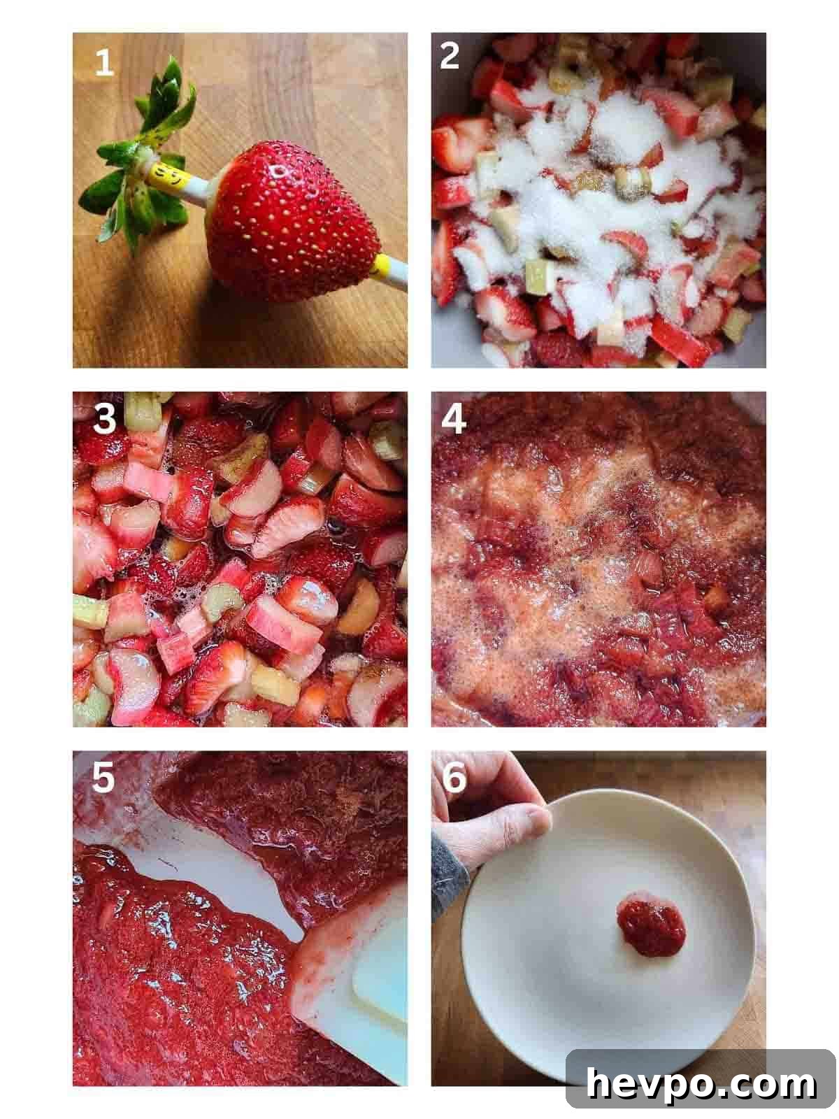 Small-Batch Strawberry Rhubarb Jam Recipe for Perfect Preserves 4 A collage of six images showing how to cook fruit jam in a pot.