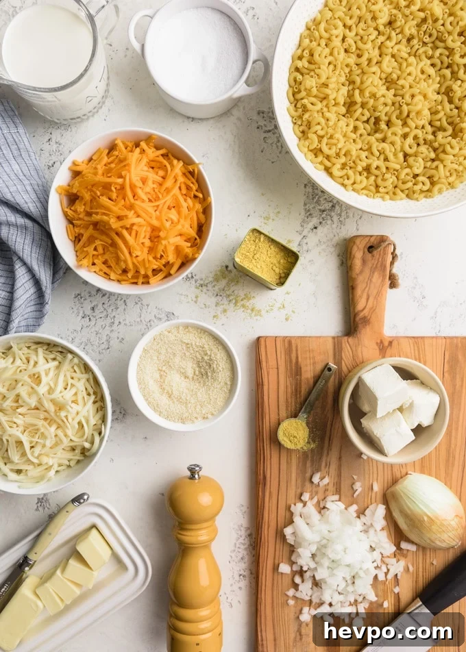 overhead of ingredients for making classic macaroni and cheese in a pressure cooker 