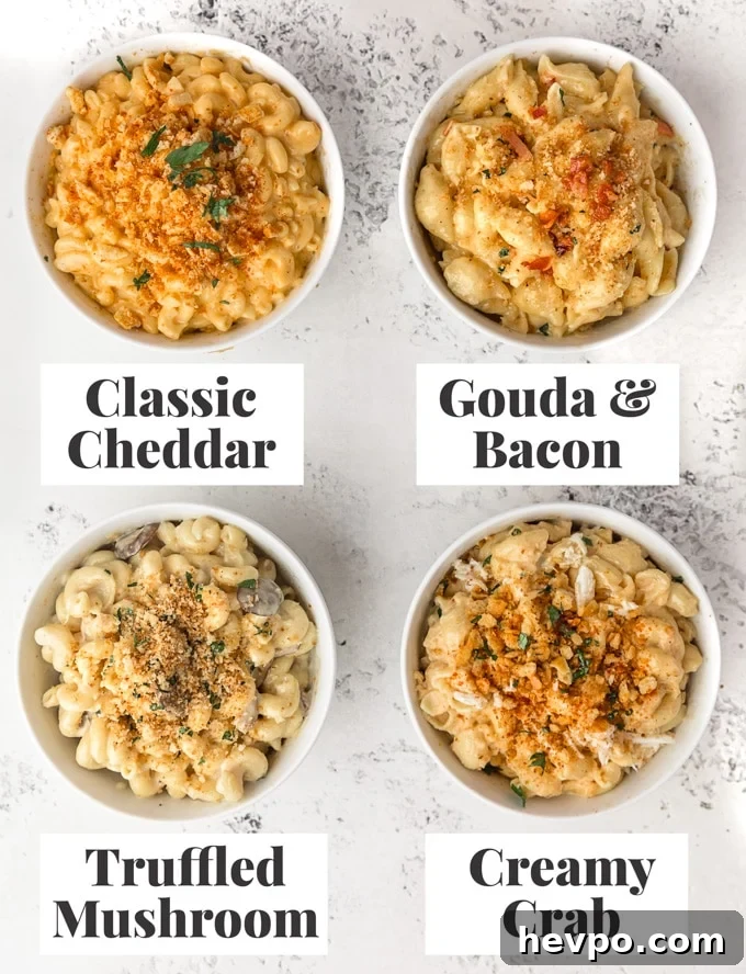 four bowls of instant pot macaroni and cheese with sauce variations