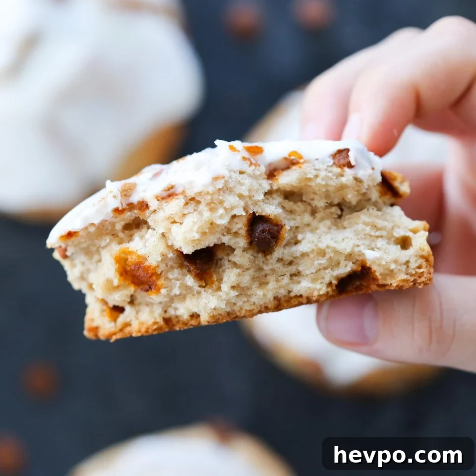 Warm Cinnamon Scones Recipe with Sugar Glaze 4 Cinnamon scone handheld with cinnamon chips visible.