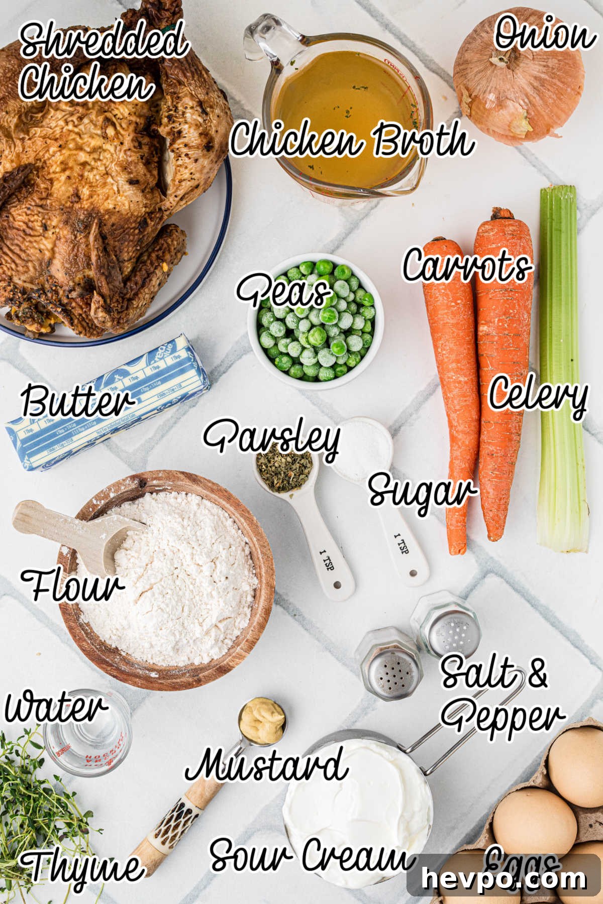 Overhead shot of ingredients needed to make a mini chicken pot pie recipe.