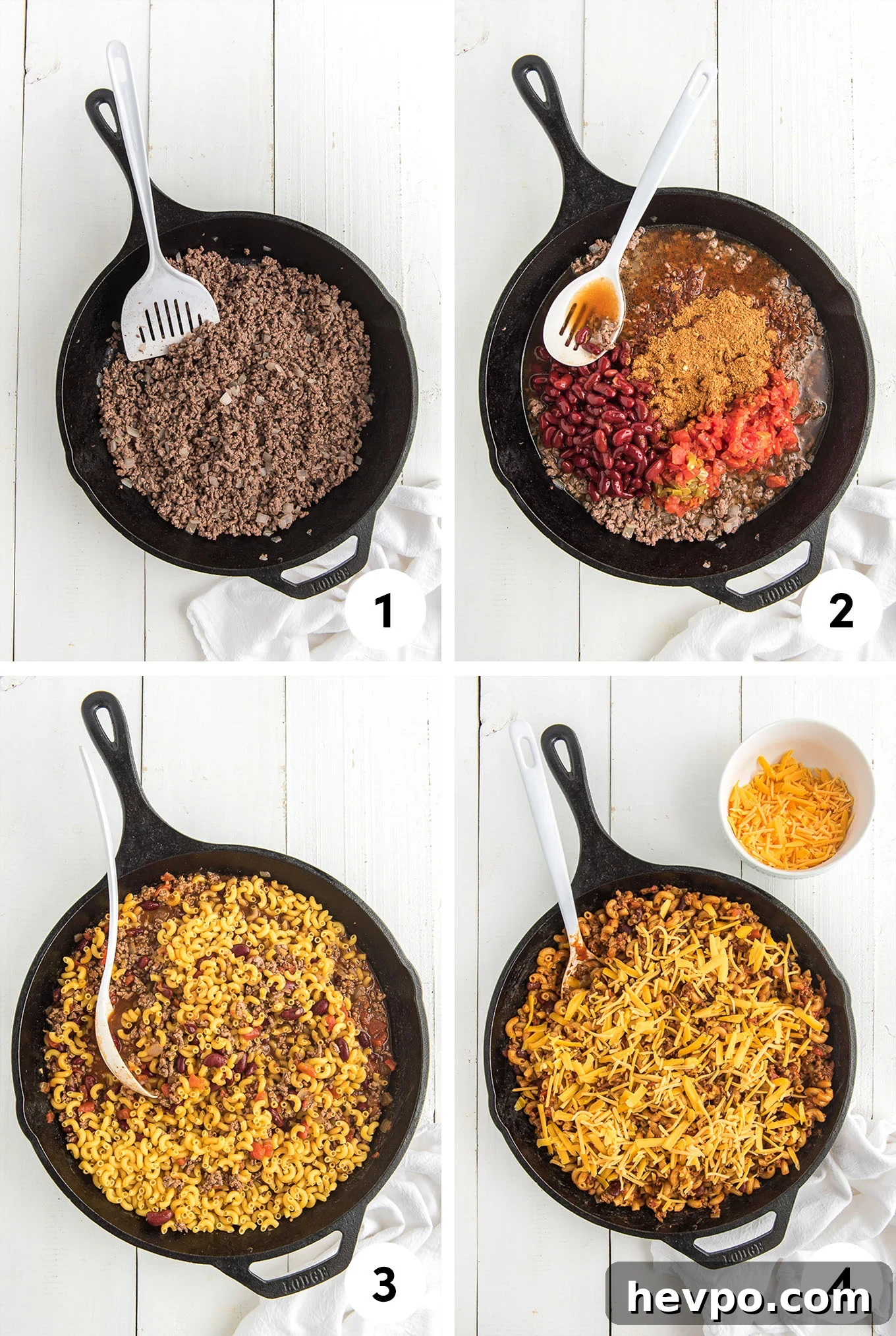Hearty Chili Mac Recipe: Quick Comfort Food for Weeknights 4 Collage of images showing how to make chili mac from browning the meat, adding the seasonings, the pasta, and finally the cheese.