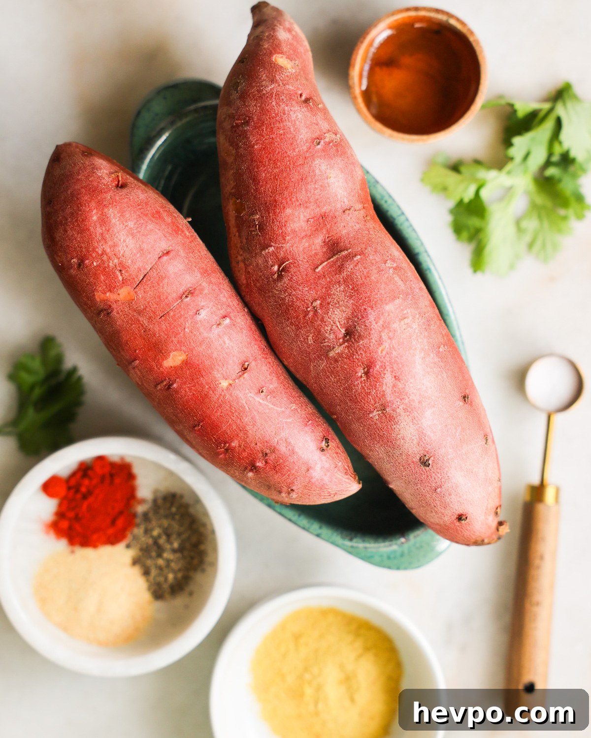 Crispy Air Fryer Sweet Potato Wedges Recipe 3 overhead of sweet potato wedges ingredients