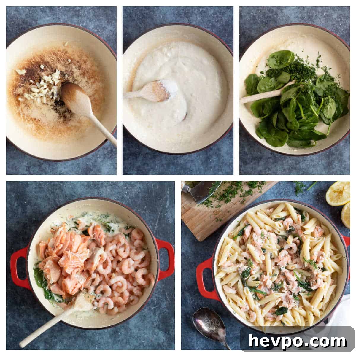Step by step photo instructions for making creamy prawn and salmon pasta.