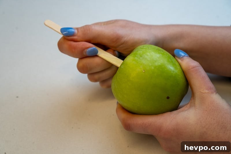 Spearing the apples with a popsicle stick
