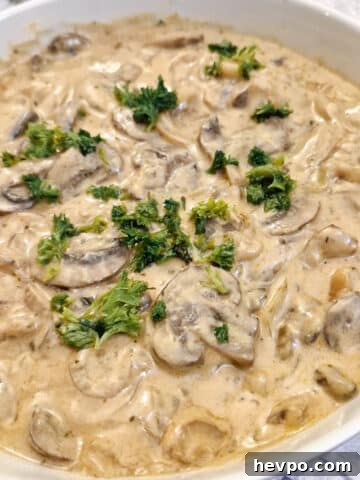 Close up of hunter's sauce garnished with parsley in a white serving dish.