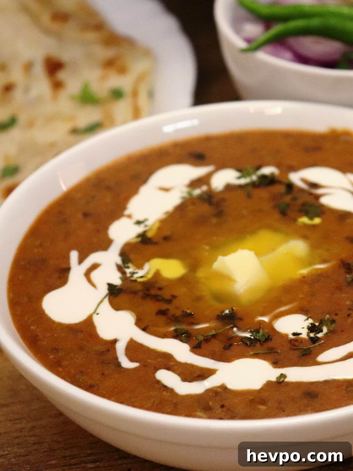 close-up of dal makhani served in a bowl.