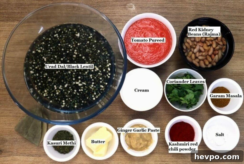 individually labeled ingredients to make pressure cooker dal makani recipe are laid out on a table.