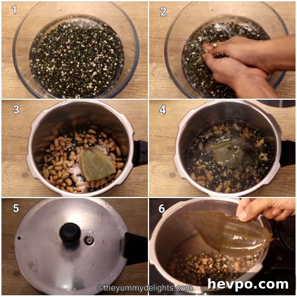 Collage image of 6 steps showing how to make restaurant style dal makhni in pressure cooker. It shows rinsing the dal, adding it to the pressure cooker and pressure cooking the dal.
