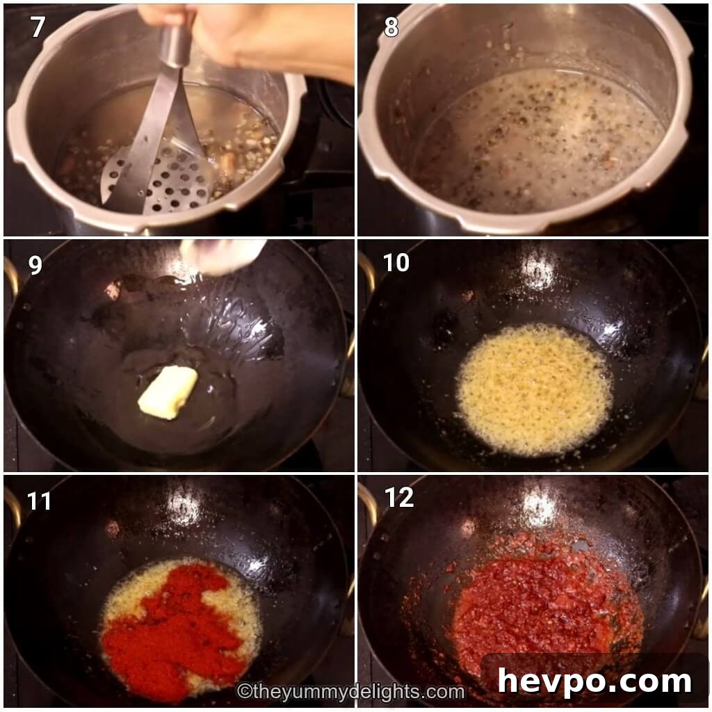 Collage image of 6 steps showing how to make restaurant style dal makhni. It shows mashing the dal in pressure cooker with a masher, sauteing ginger-garlic paste and kashmiri red chili powder in hot oil.