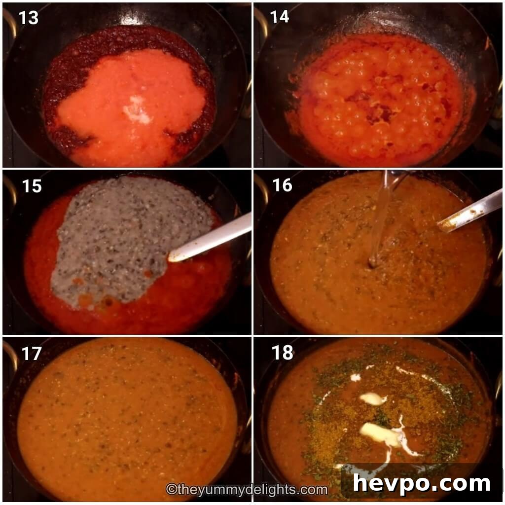 Collage image of 6 steps showing how to make restaurant-style dal makhani. It shows addition of tomato puree, cooking it and adding dal, cooking it and finishing with kasuri methi, butter, garam masala and cream.