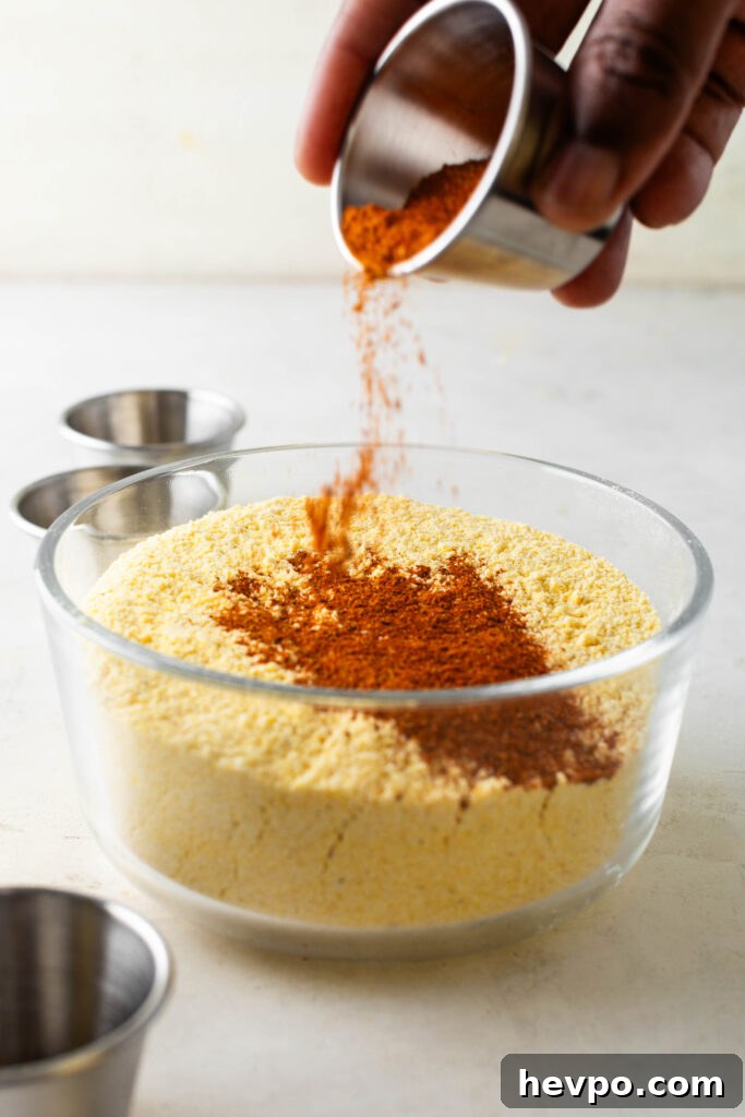 Perfect Fish Fry Seasoning Recipe for Crispy, Flavorful Fish 4 pouring spices in a bowl of corn meal