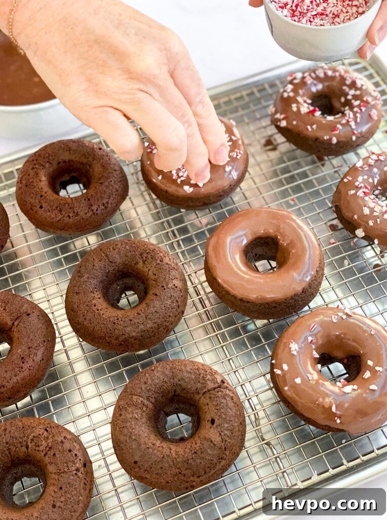 Baked Chocolate Peppermint Donuts Recipe for the Holidays 16 sprinkling donuts with peppermint candies