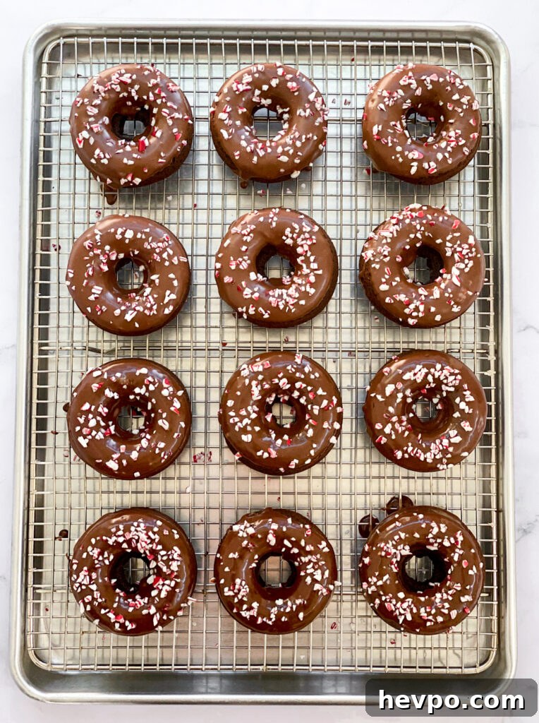 Baked Chocolate Peppermint Donuts Recipe for the Holidays 17 all baked chocolate peppermint donuts on a cooling rack ready to eat