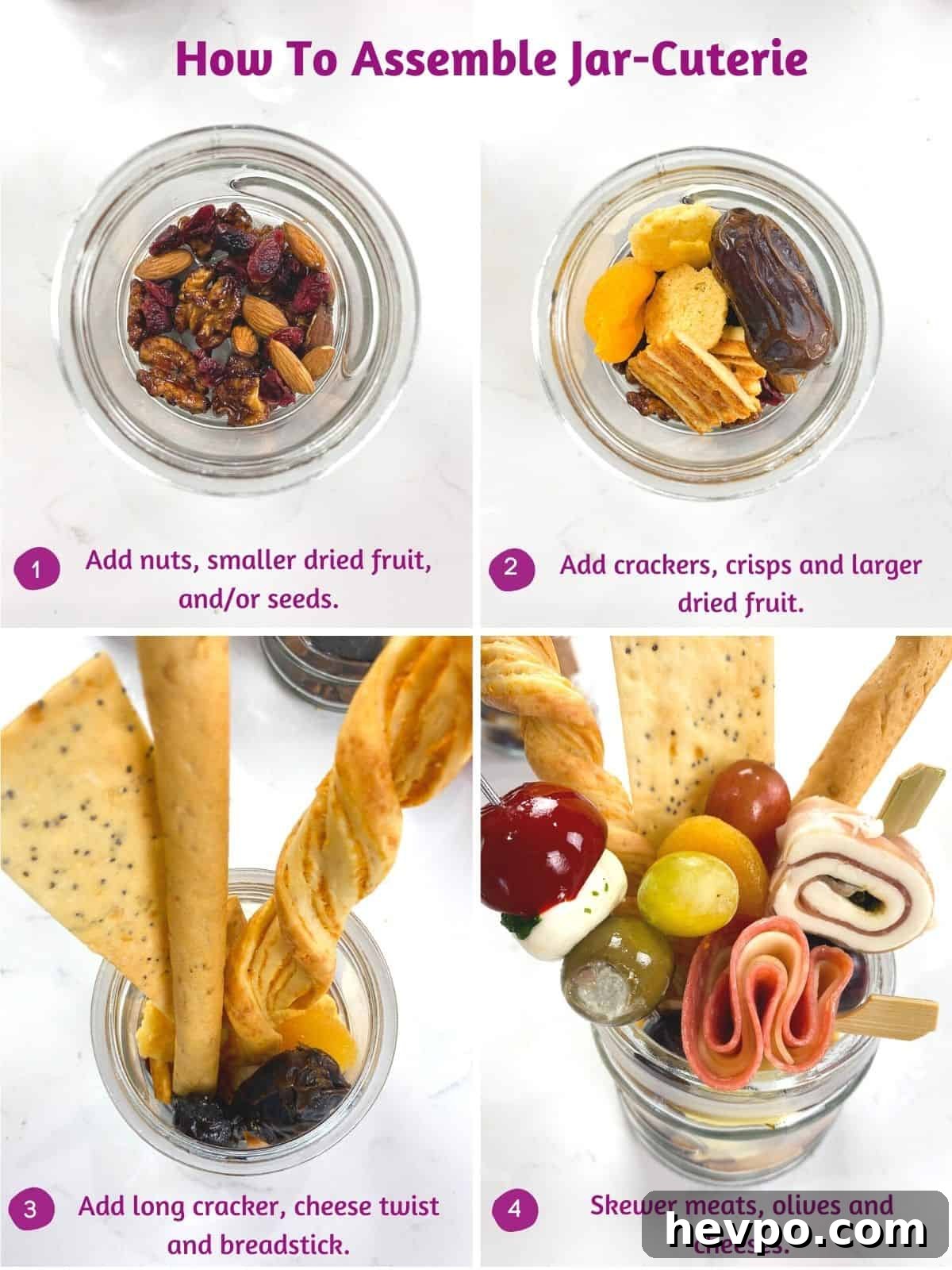 Steps showing how to assemble and put together a charcuterie jar with meats, crackers and cheeses.