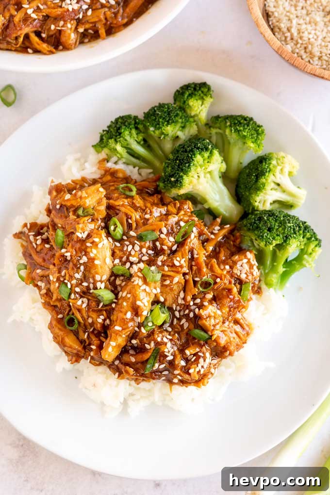 Shredded Teriyaki Chicken Made in the Instant Pot 2 Shredded chicken over white rice with broccoli.