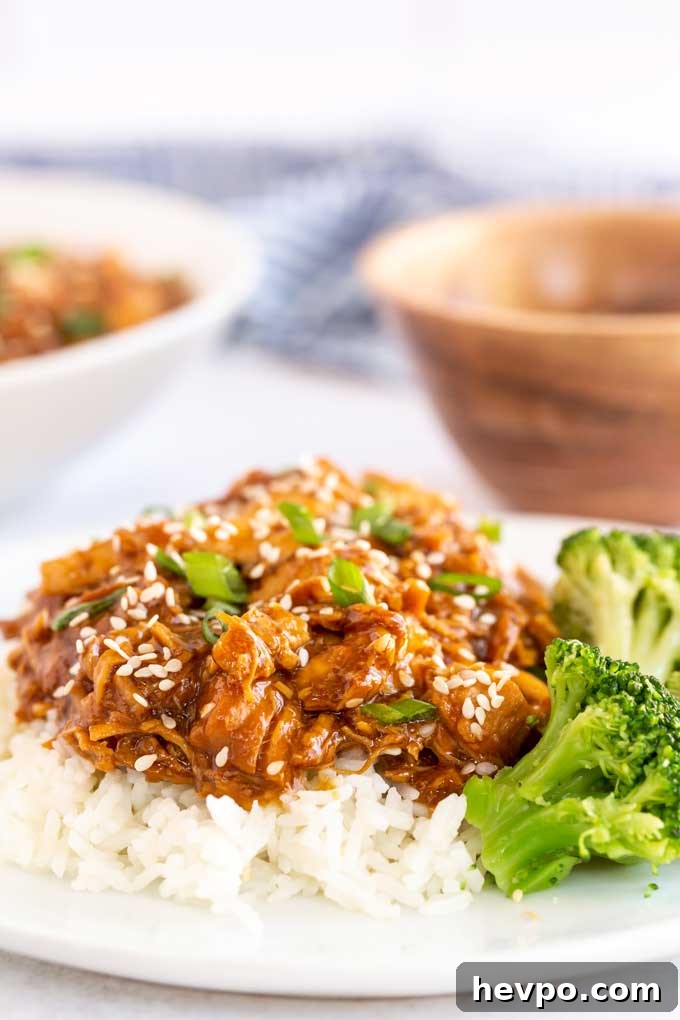 Shredded Teriyaki Chicken Made in the Instant Pot 4 Shredded chicken over white rice with a side of broccoli.