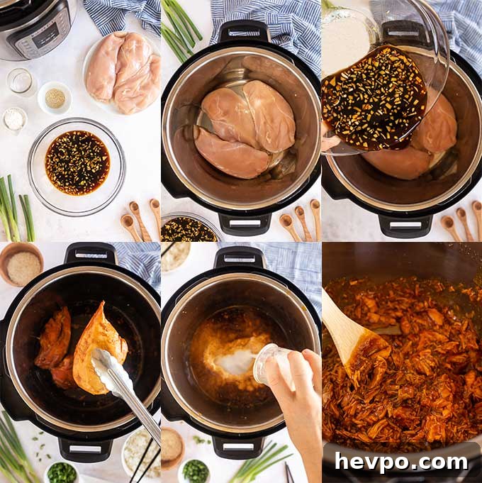 Shredded Teriyaki Chicken Made in the Instant Pot 6 Step by step photos of how to make teriyaki chicken in the instant pot.
